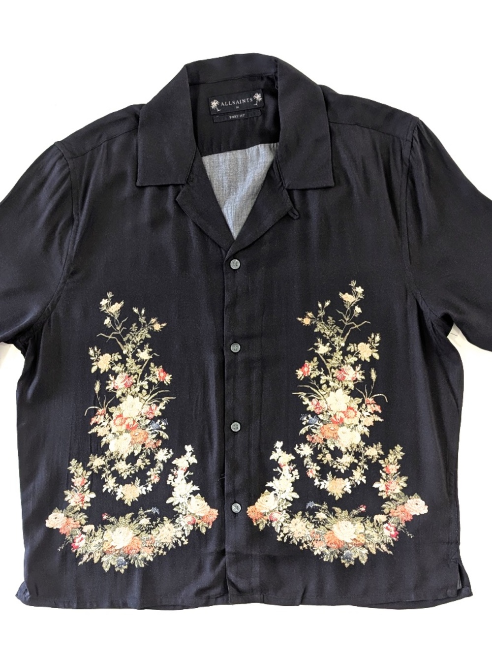 AllSaints Mens Parsons Floral Boxy Shirt Medium M Jet Black Hawaiian Camp SS NWT